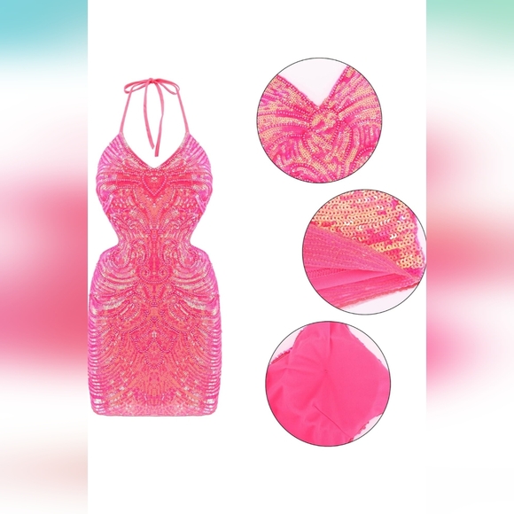 Women's Sparkly Sequin Bodycon Dress Sexy Backless Latin Sequin Dress - Picture 2 of 8